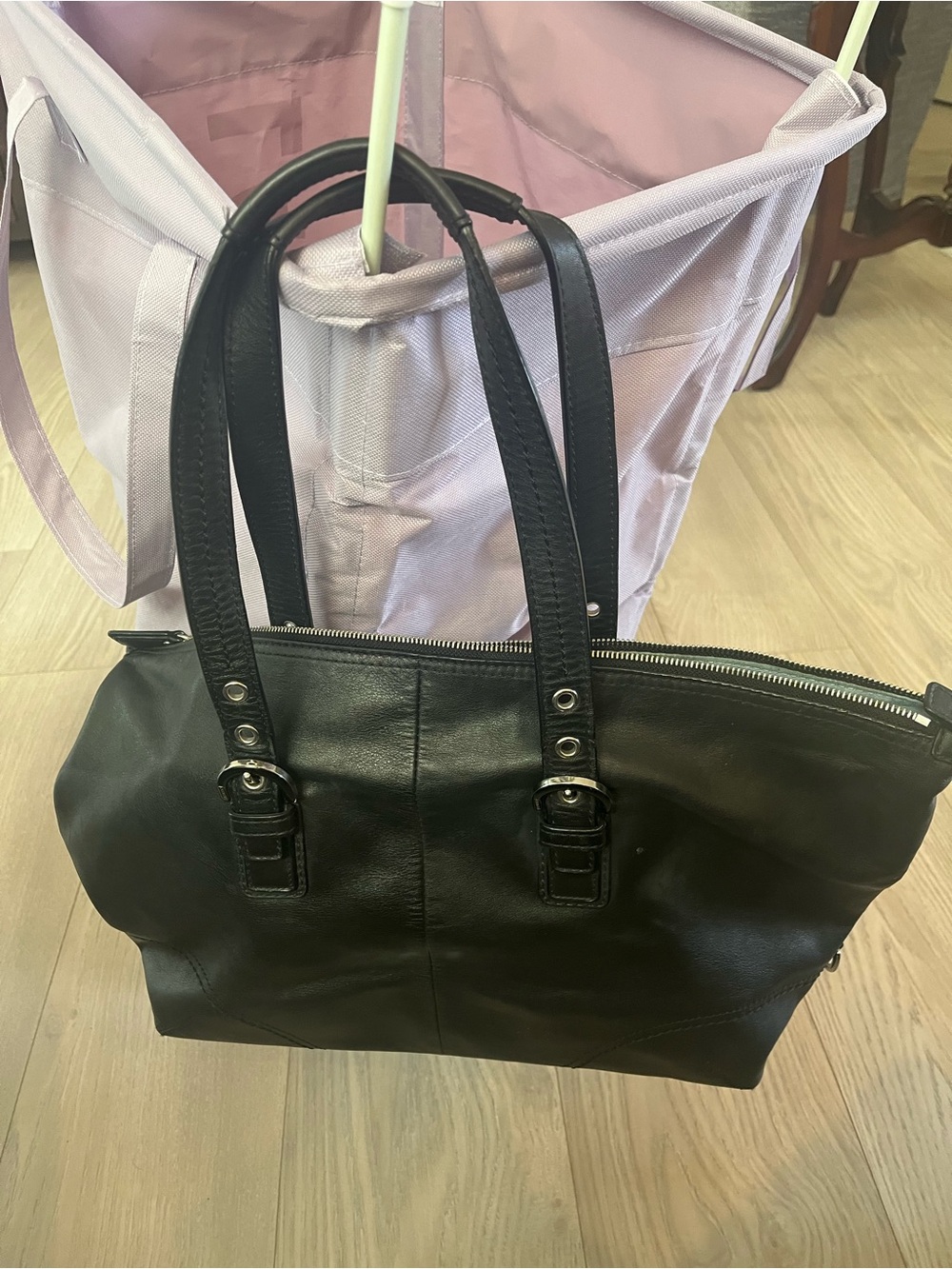 Coach Black Leather Shoulder Bag with Buckle Strap Details